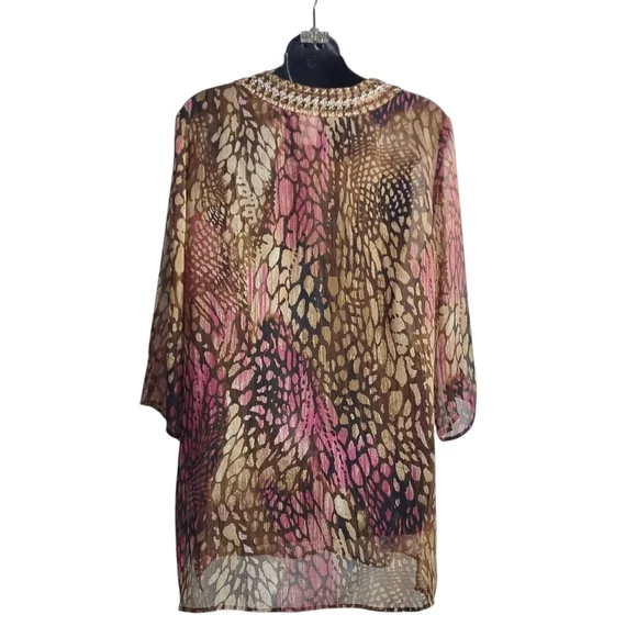 Chico's Women's Multicolor Abstract Embellished Tunic V-Neck 3/4 Sleeve Size 1 - Picture 2 of 9